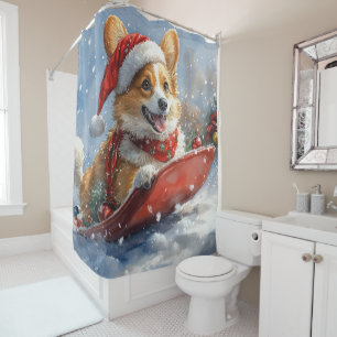 Rideaux De Douche Corgi Dog in Sledge laissez passer Noël