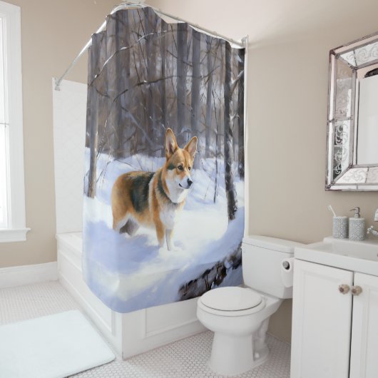 Rideaux De Douche Corgi laisse neiger Noël (En situation)