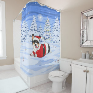 Rideaux De Douche Corgi noir mignon en costume Père Noël de Noël