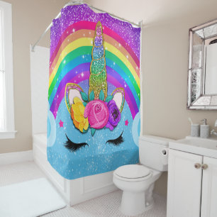 Rideaux De Douche Corne de Licorne Pailletée Face Arc-en-Ciel