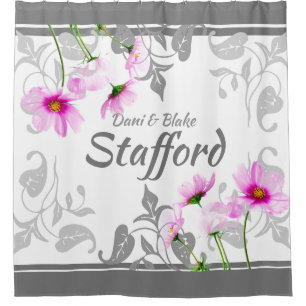 Rideaux De Douche Cosmos Rose Personnalisé Élégants Gris Votre Nom