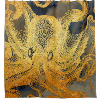 Rideaux De Douche Côte Vintage or bleu noir octopus aquarelle