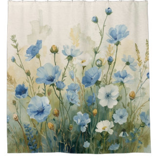 Rideaux De Douche Cottagecore Green Blue Poppies Flower Garden Print