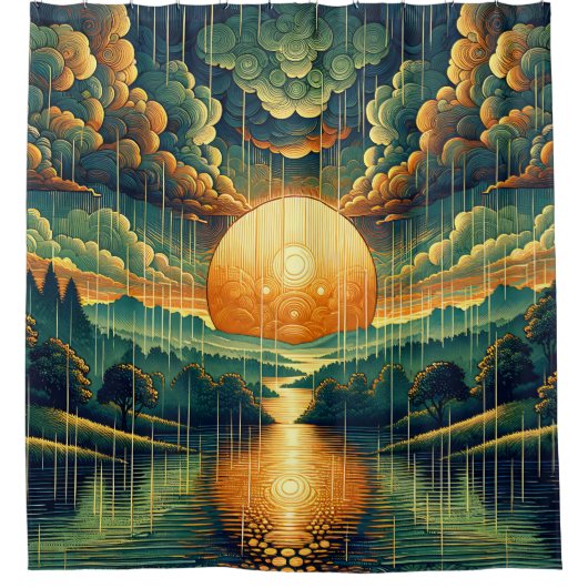 Rideaux De Douche "Coucher de soleil stylisé avec reflets vert et or (Devant)