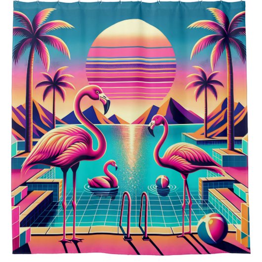 Rideaux De Douche "Coucher de soleil sur la piscine de Flamant rose  (Devant)