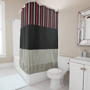 Rideaux De Douche Couleur Pop Stripes-Rouge, Gris, Noir et Bone Blan