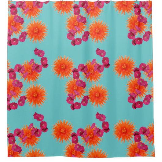 Rideaux De Douche Couleur Turquoise Bleu Orange Rose Motif Floral (Devant)