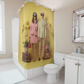 Rideaux De Douche Couple rétro en jaune (En situation)