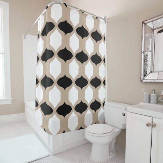 Rideaux De Douche Courbes douces Motif - Taupe, noir et blanc (En situation)
