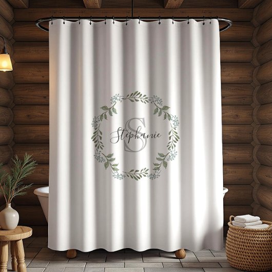 Rideaux De Douche Couronne botanique de verdure sage avec monogramme