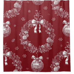 Rideaux De Douche Couronne de Noël Toile sur fond rouge foncé