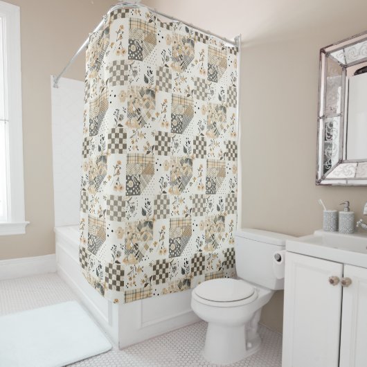 Rideaux De Douche Courtepoint Patchwork Beige Floral Rétro Rustique (En situation)