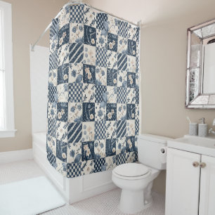 Rideaux De Douche Courtepoint Patchwork Bleu de Nuit Floral Rétro Ru