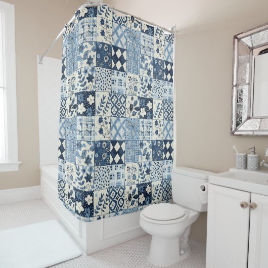 Rideaux De Douche Courtepoint Patchwork Bleu Floral Rétro Rustique (En situation)