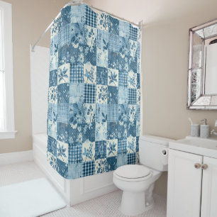 Rideaux De Douche Courtepoint Patchwork Bleu Floral Rustique Rétro