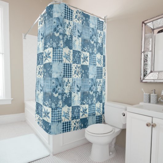 Rideaux De Douche Courtepoint Patchwork Bleu Floral Rustique Rétro (En situation)