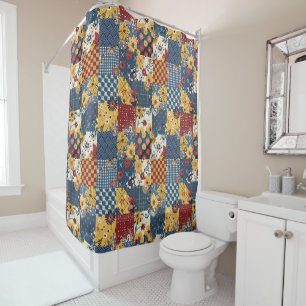 Rideaux De Douche Courtepoint Patchwork Bleu Jaune Rouge Floral Rétr