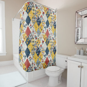 Rideaux De Douche Courtepoint Patchwork Bleu Jaune Rouge Floral Rétr