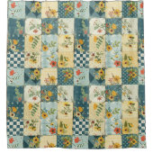 Rideaux De Douche Courtepoint Patchwork Bleu Jaune Vert Floral Rétro (Devant)