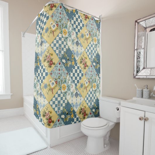 Rideaux De Douche Courtepoint Patchwork Bleu Jaune Vert Floral Rétro (En situation)
