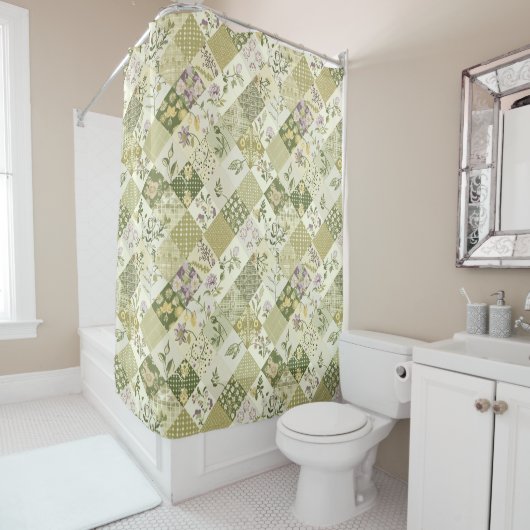 Rideaux De Douche Courtepoint Patchwork Lilac Vert Floral Rétro Rust (En situation)