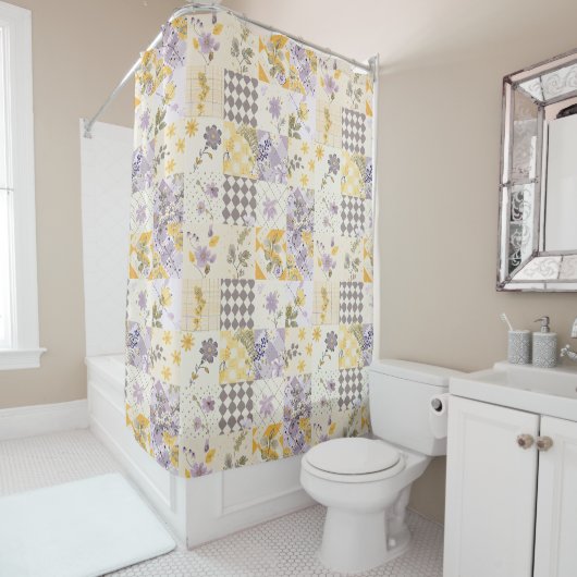 Rideaux De Douche Courtepoint Patchwork Lilas Jaune Floral Rustique (En situation)