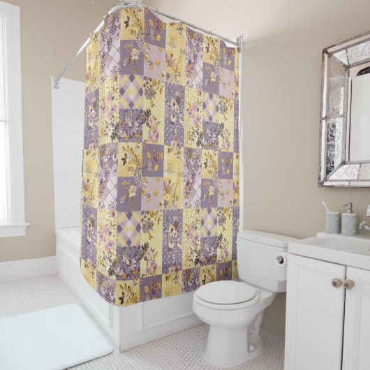 Rideaux De Douche Courtepoint Patchwork Lilas Jaune Floral Rustique (En situation)