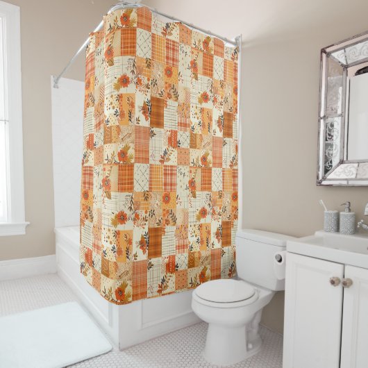 Rideaux De Douche Courtepoint Patchwork Orange Floral Rétro Rustique (En situation)