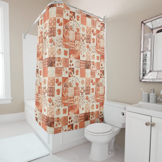 Rideaux De Douche Courtepoint Patchwork Orange Pêche Floral Rétro (En situation)