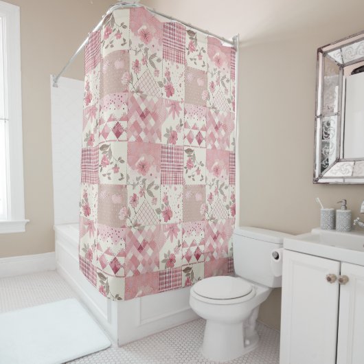 Rideaux De Douche Courtepoint Patchwork Rose Fleurs Rurales Rétro (En situation)