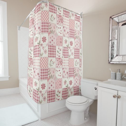 Rideaux De Douche Courtepoint Patchwork Rose Fleurs Rurales Rétro (En situation)