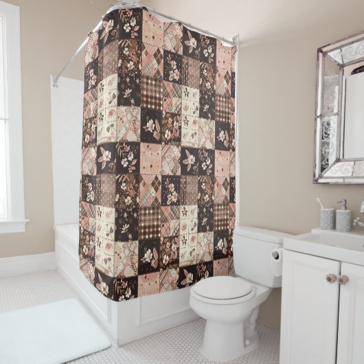 Rideaux De Douche Courtepoint Patchwork Rose Marron Fleur Rétro (En situation)