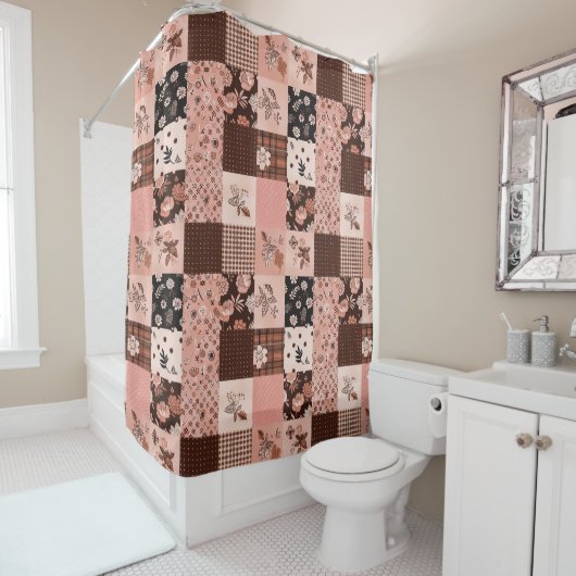 Rideaux De Douche Courtepoint Patchwork Rose Marron Fleurs Rétro (En situation)