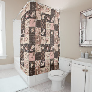 Rideaux De Douche Courtepoint Patchwork Rose Marron Fleurs Rétro