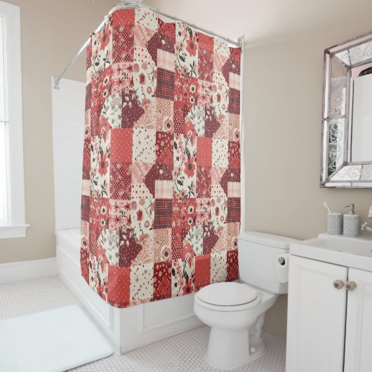 Rideaux De Douche Courtepoint Patchwork Rouge Floral Rustique Rétro (En situation)