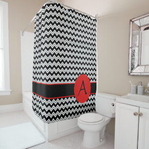 Rideaux De Douche Coutume rouge de monogramme de zigzag blanc noir