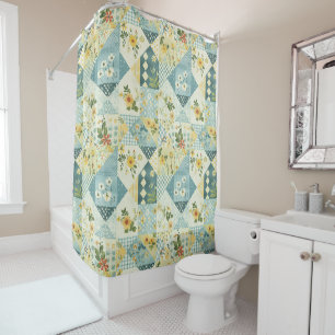 Rideaux De Douche Couverture Patchwork Bleu Jaune Vert Floral Rétro