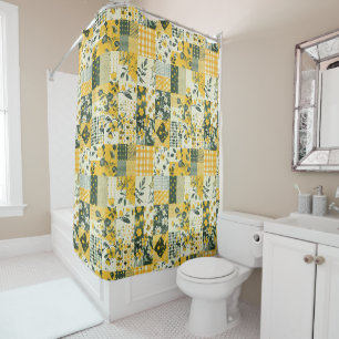 Rideaux De Douche Couverture patchwork jaune bleu Rétro Floral Rusti