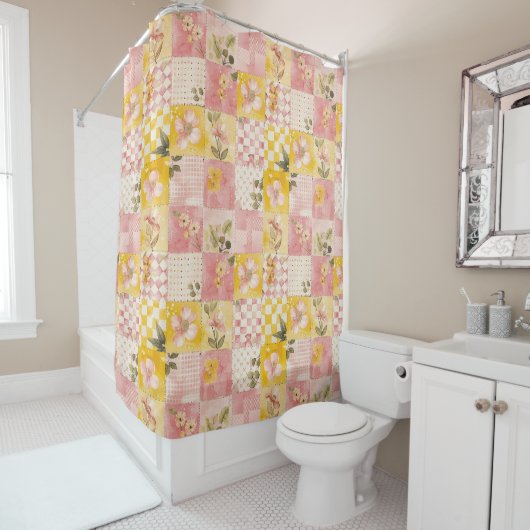 Rideaux De Douche Couverture Patchwork Rose Jaune Rétro Floral Rusti (En situation)