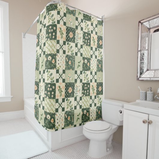 Rideaux De Douche Couverture Patchwork Vert Floral Rétro Rustique (En situation)