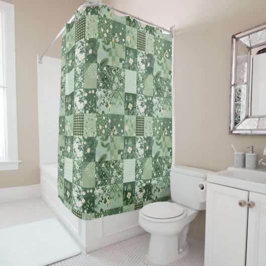 Rideaux De Douche Couverture Patchwork Vert Floral Rétro Rustique (En situation)