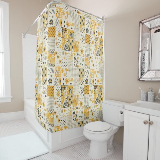 Rideaux De Douche Couvre-lit Patchwork Jaune Blanc Rétro Floral Rust (En situation)