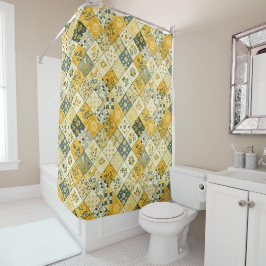 Rideaux De Douche Couvre-lit Patchwork Jaune Fleurs Rétro  (En situation)