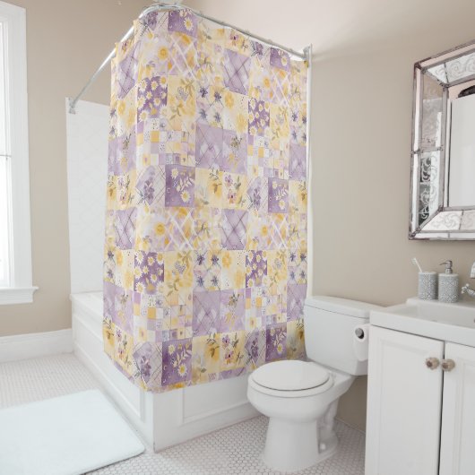 Rideaux De Douche Couvre-lit Patchwork Jaune Lilas Floral Rétro Rust (En situation)