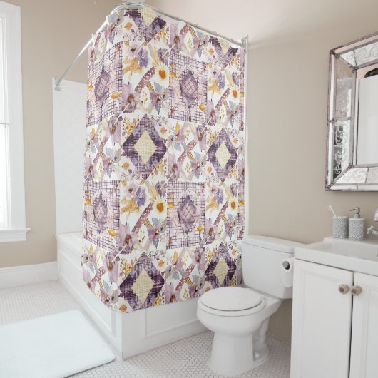 Rideaux De Douche Couvre-lit Patchwork Jaune Lilas Rétro Floral Rust (En situation)