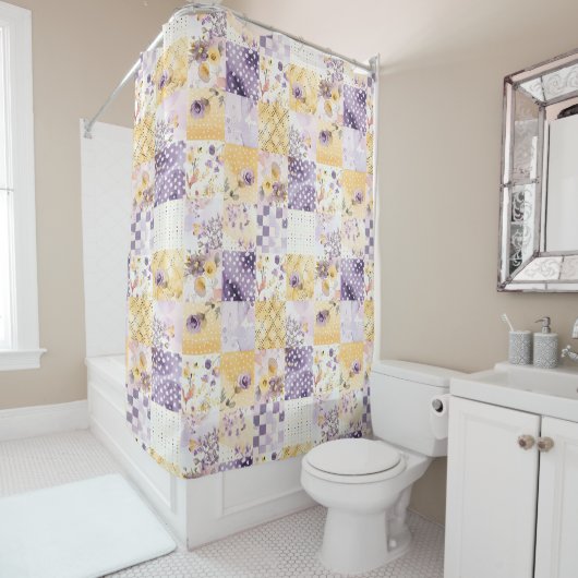 Rideaux De Douche Couvre-lit Patchwork Jaune Lilas Rétro Floral Rust (En situation)