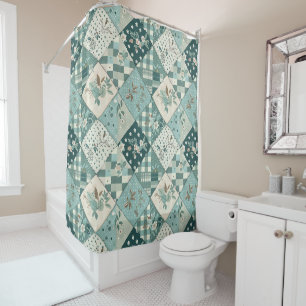 Rideaux De Douche Couvre-lit patchwork sarcelle Fleurs rétro rustiqu