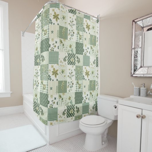 Rideaux De Douche Couvre-lit Patchwork Vert Floral Rétro Rustique (En situation)
