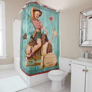 Rideaux De Douche Cow-girl occidentale vintage sur le cheval en bois