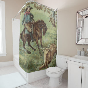 Rideaux De Douche Cowboy occidental vintage Roping un boeuf